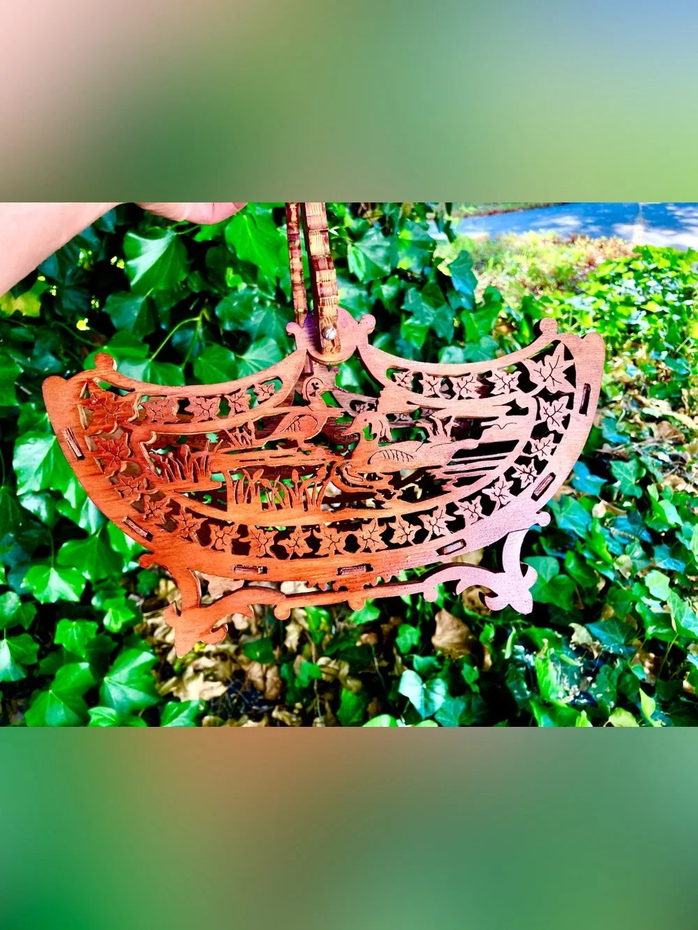 Vintage Hand Carved Ornate Wooden Cradle/Basket Ducks & Leaves/Heart Handle
